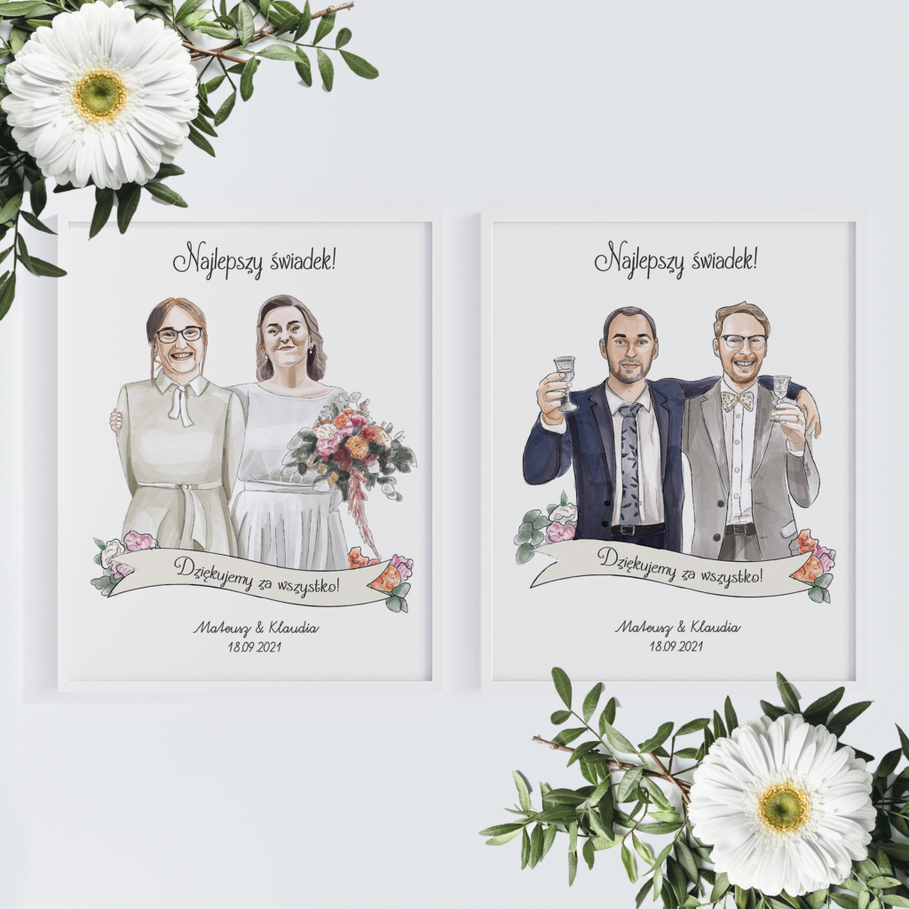 Zestaw portretów na podziękowanie dla świadków – personalizowany prezent na zamówienie sklep Art by Zuska