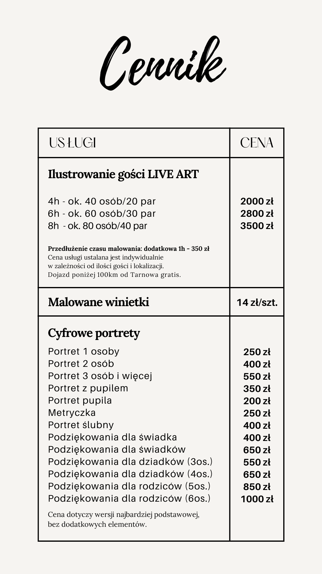 cennik live art portrety art by zuska